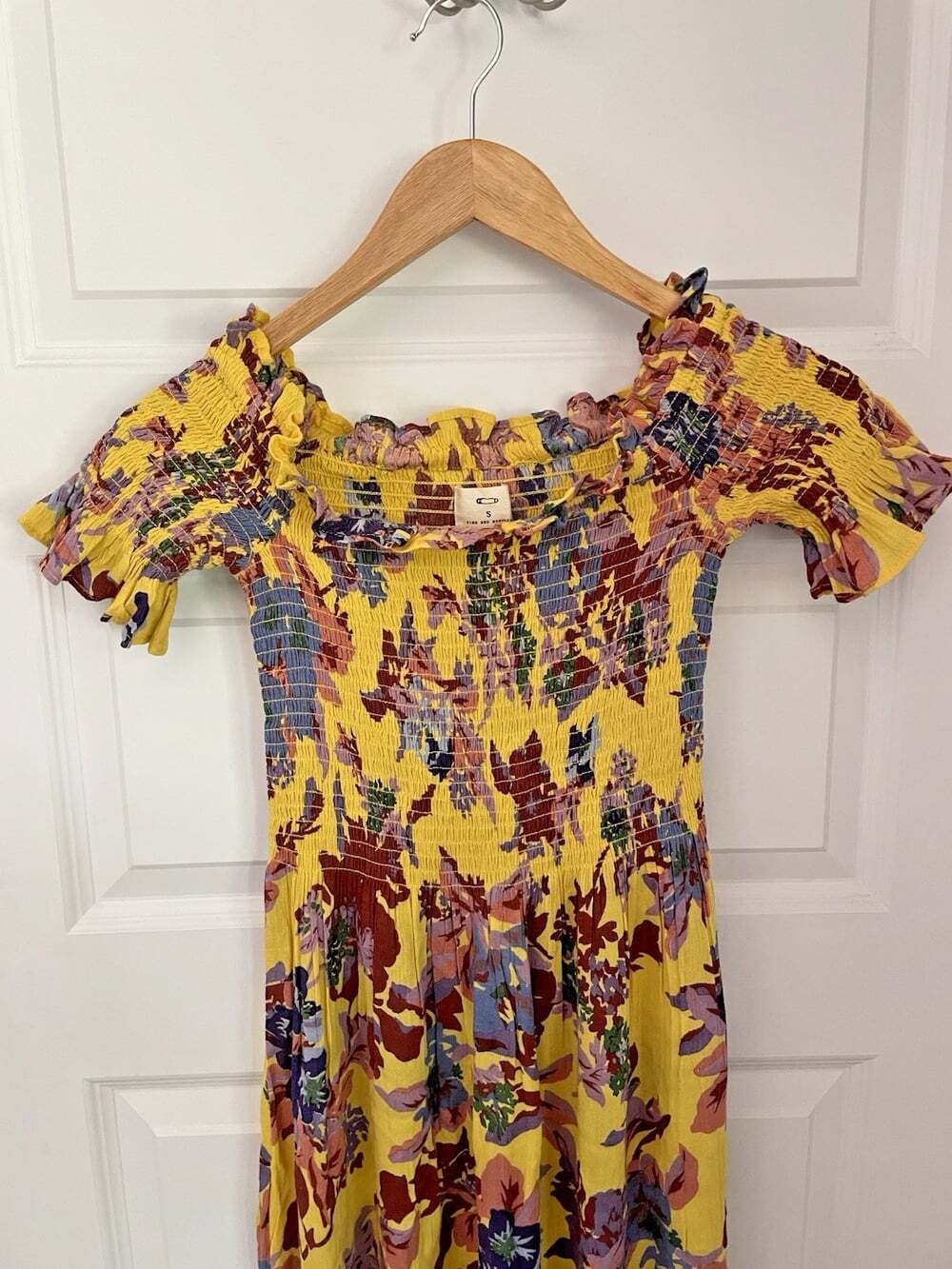 Pins Needles Midi Dress Womens S Yellow Floral Cottage Ruffled Sleeve Smocked